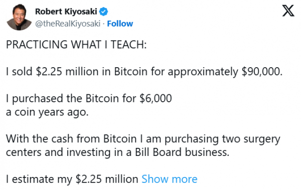 Роберт Кийосаки продал биткоины на $2,25 млн и вложил деньги в бизнес
Роберт Кийосаки продал биткоины на $2,25 млн и вложил деньги в бизнес