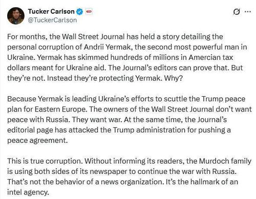 Такер Карлсон обвиняет «The Wall Street Journal» в сокрытии коррупции в окружении Зеленского Такер Карлсон обвиняет «The Wall Street Journal» в сокрытии коррупции в окружении Зеленского